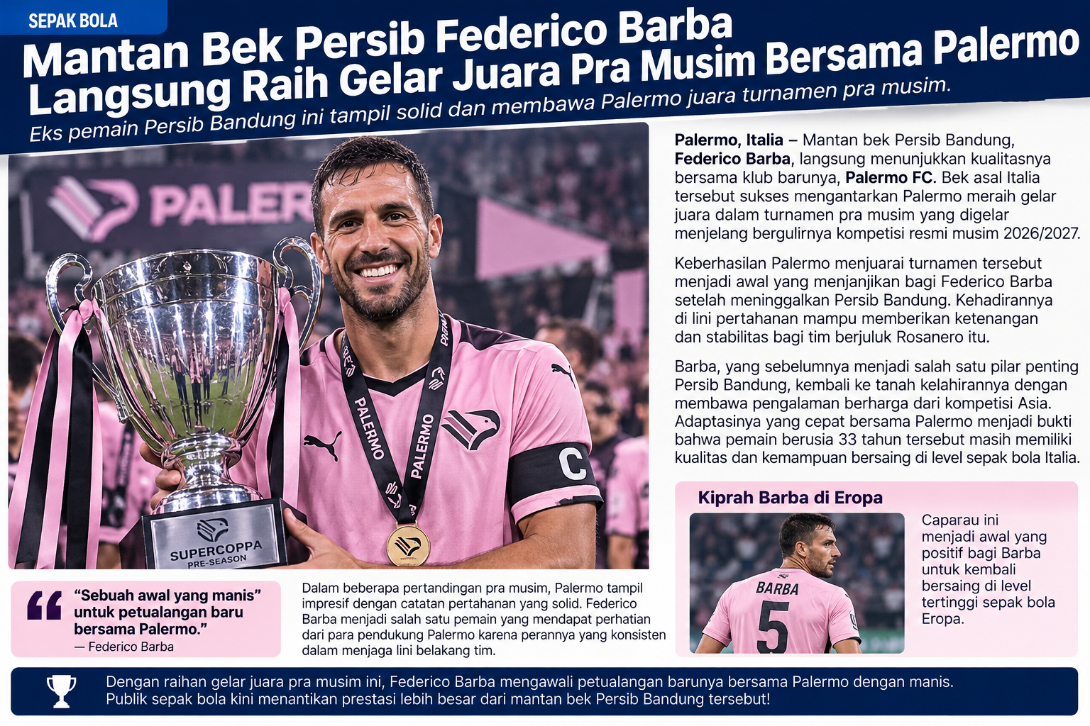 Mantan Bek Persib Federico Barba Langsung Raih Gelar Juara Pra Musim Bersama Palermo